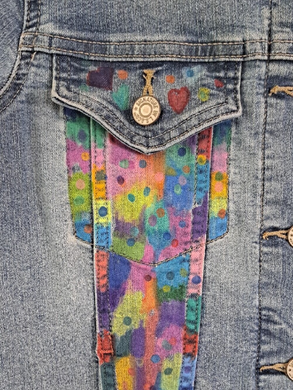 Hand Painted Denim Jacket with Colorful Panel Accents Cartoon - Picture 7 of 12
